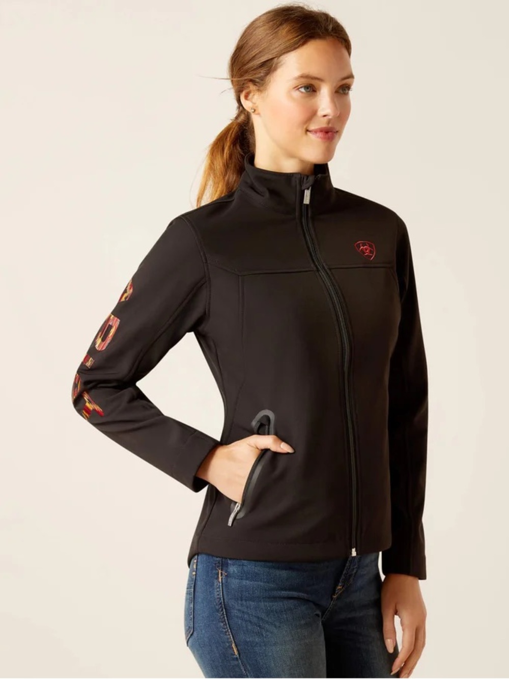 Ariat women’s Black Full-Zip Softshell Jacket with Red Logo